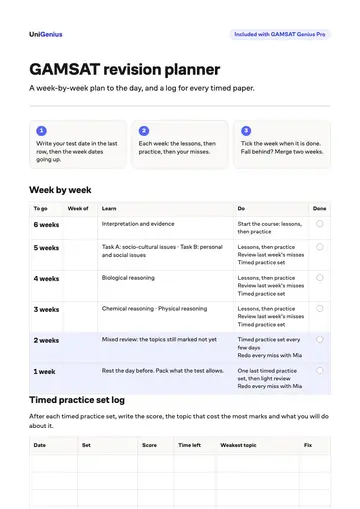 Page one of the GAMSAT revision planner